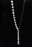 White Freshwater Pearls and Brass Chain with Pave Diamond Clasp Necklace