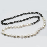 White Freshwater Pearls and Brass Chain with Pave Diamond Clasp Necklace