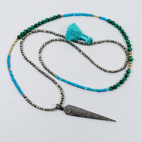Turquoise and Malachite with Pave Diamond Spike Necklace