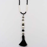 White Bone, Silver Pyrite and Black Spinel with Pave diamond Ball and Silk Tassel Necklace