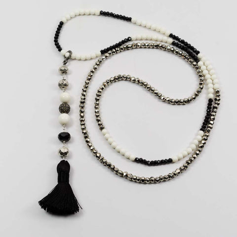 White Bone, Silver Pyrite and Black Spinel with Pave diamond Ball and Silk Tassel Necklace