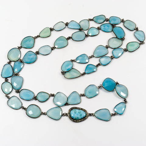 Blue Chalcedony Stations and Larimar Pave Diamonds Connector Necklace