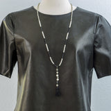 White Bone, Silver Pyrite and Black Spinel with Pave diamond Ball and Silk Tassel Necklace
