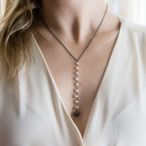 Silver Chain with White Freshwater Pearls and Pave Diamond Ball Y-Necklace