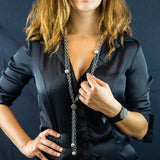 Oxidized Brass Chain with Silver Pearls and Pave Diamonds Connector Tassel Necklace