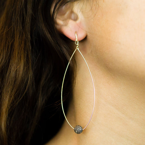 Long Oval Earrings with Pave Diamond Ball