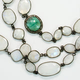 Rainbow Moonstone Stations and Emerald Pave Diamonds Connector Necklace