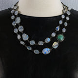 Rainbow Moonstone Stations and Emerald Pave Diamonds Connector Necklace