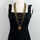 Hand Knotted Pyrite and Brass Chains with Ammonite Fossil Pave Diamonds Pendant Multi Strand Necklace