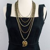 Hand Knotted Pyrite and Brass Chains with Ammonite Fossil Pave Diamonds Pendant Multi Strand Necklace