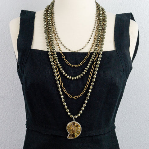 Hand Knotted Pyrite and Brass Chains with Ammonite Fossil Pave Diamonds Pendant Multi Strand Necklace
