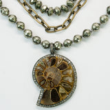 Hand Knotted Pyrite and Brass Chains with Ammonite Fossil Pave Diamonds Pendant Multi Strand Necklace