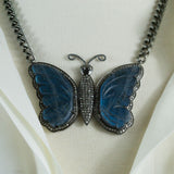Labradorite Butterfly Pave Diamonds Pendant on a Heavy Oxidized Silver Chain Necklace