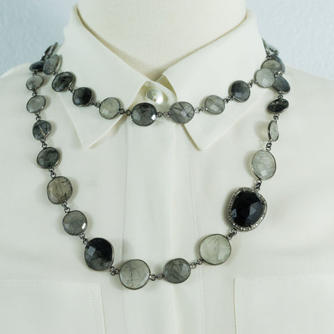 Black Rutilated Quartz Stations and Black Spinel Pave Diamonds Connector Necklace