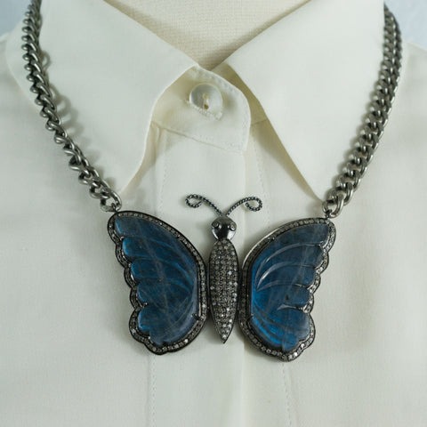 Labradorite Butterfly Pave Diamonds Pendant on a Heavy Oxidized Silver Chain Necklace