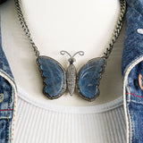 Labradorite Butterfly Pave Diamonds Pendant on a Heavy Oxidized Silver Chain Necklace