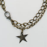 Brass Chain with Pave Diamonds Lobster Clasp and Pave Diamonds Oxidized Silver Star Pendant Necklace