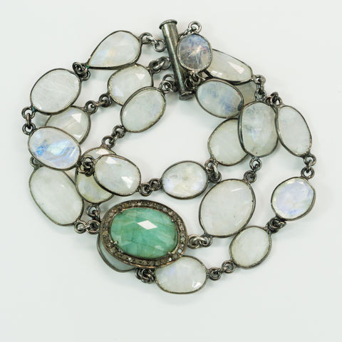 Multi-strand Oxidized Silver Rainbow Moonstone and Pave Diamonds Emerald Connector Bracelet