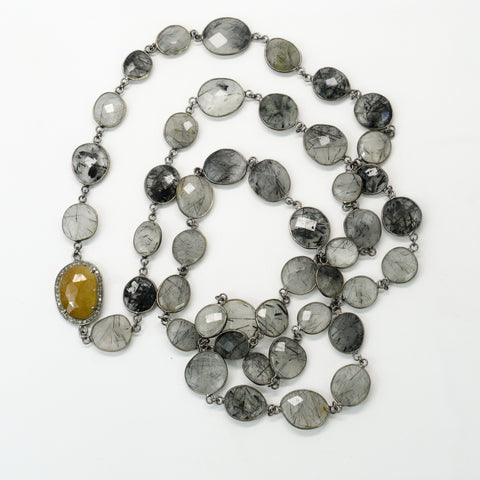Black Rutilated Quartz Stations and Yellow Sapphire Pave Diamonds Connector Necklace