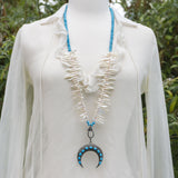 Hand Knotted Turquoise and White Pearls Necklace with Pave Diamond Clasp and Pave Diamond Inverted Moon with Turquoise Cabochon Pendant