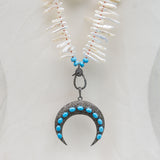Hand Knotted Turquoise and White Pearls Necklace with Pave Diamond Clasp and Pave Diamond Inverted Moon with Turquoise Cabochon Pendant