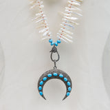 Hand Knotted Turquoise and White Pearls Necklace with Pave Diamond Clasp and Pave Diamond Inverted Moon with Turquoise Cabochon Pendant