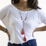 Beaded Turquoise, Bone and Coral Necklace with Pave Diamond Accents and Tassels