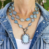 Larimar Pave Diamond Pendant - Pave Diamond Clasp - Moonstone Pendant - Blue Chalcedony Necklace - Bezel Chain - Larimar Necklace