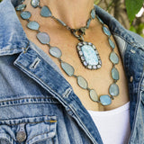 Larimar Pave Diamond Pendant - Pave Diamond Clasp - Moonstone Pendant - Blue Chalcedony Necklace - Bezel Chain - Larimar Necklace