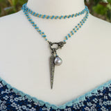 Pave Diamond Spike Necklace - Pearl Pendant - Turquoise Necklace - Pave Diamond Clasp - Bohemian Jewelry - Designer Jewelry - Layering