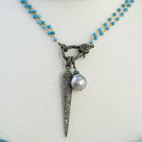 Pave Diamond Spike Necklace - Pearl Pendant - Turquoise Necklace - Pave Diamond Clasp - Bohemian Jewelry - Designer Jewelry - Layering