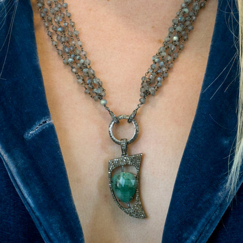 Emerald and Pave Diamonds Horn Pendant Necklace