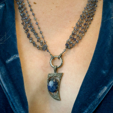 Blue Sapphire and Pave Diamonds Horn Pendant Necklace