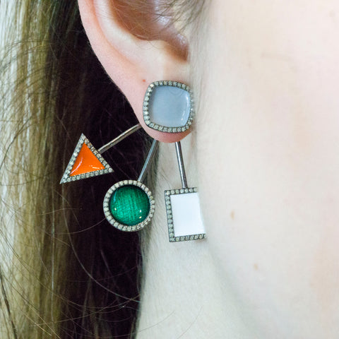 Enamel Pave Diamond Ear Jackets Earrings (Grey and Orange)