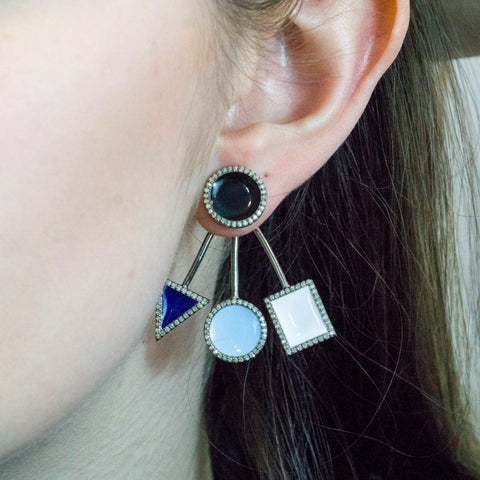 Enamel Pave Diamond Ear Jackets Earrings (Blue and White)