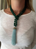 Green Agate and Swiss Blue Topaz Tassel Necklace