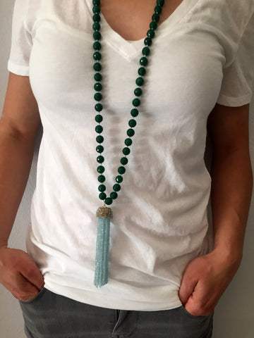 Green Agate and Swiss Blue Topaz Tassel Necklace